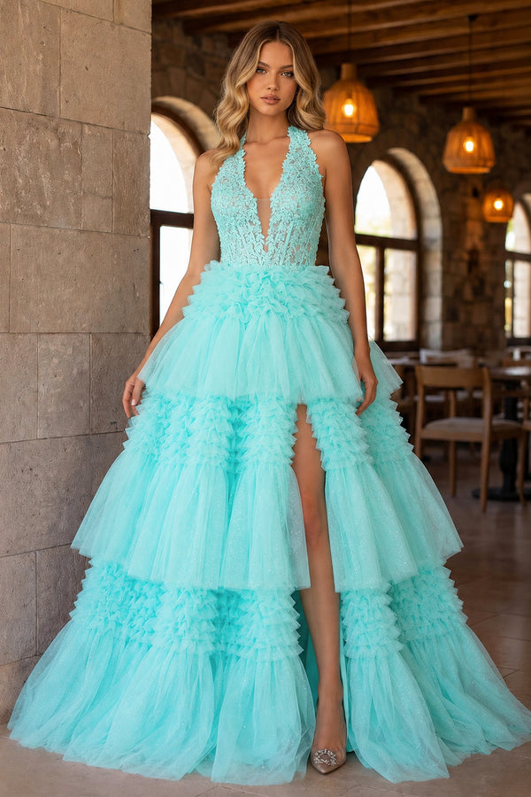 Red Tulle Appliques Halter Ruffle Tiered Ball Gown - KissProm