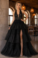 Red Tulle Appliques Halter Ruffle Tiered Ball Gown - KissProm