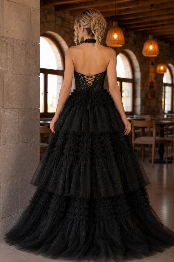 Red Tulle Appliques Halter Ruffle Tiered Ball Gown - KissProm