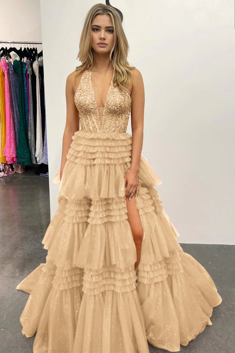 Morton|Red Tulle Appliques Halter Ruffle Tiered Ball Gown