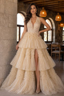 Red Tulle Appliques Halter Ruffle Tiered Ball Gown - KissProm