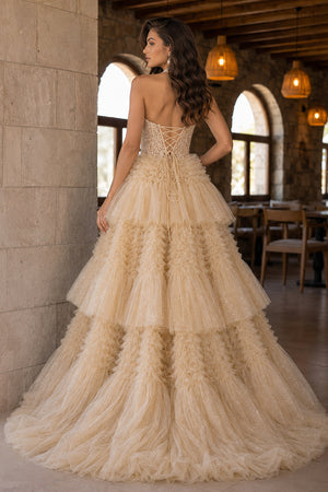 Red Tulle Appliques Halter Ruffle Tiered Ball Gown - KissProm