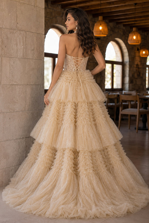 Red Tulle Appliques Halter Ruffle Tiered Ball Gown - KissProm