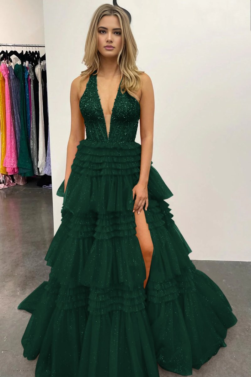 Morton|Red Tulle Appliques Halter Ruffle Tiered Ball Gown