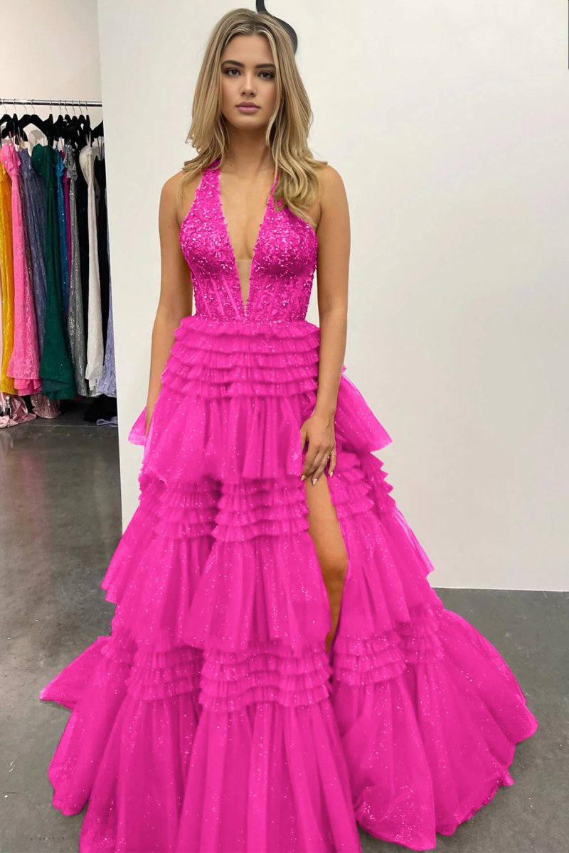 Morton|Red Tulle Appliques Halter Ruffle Tiered Ball Gown