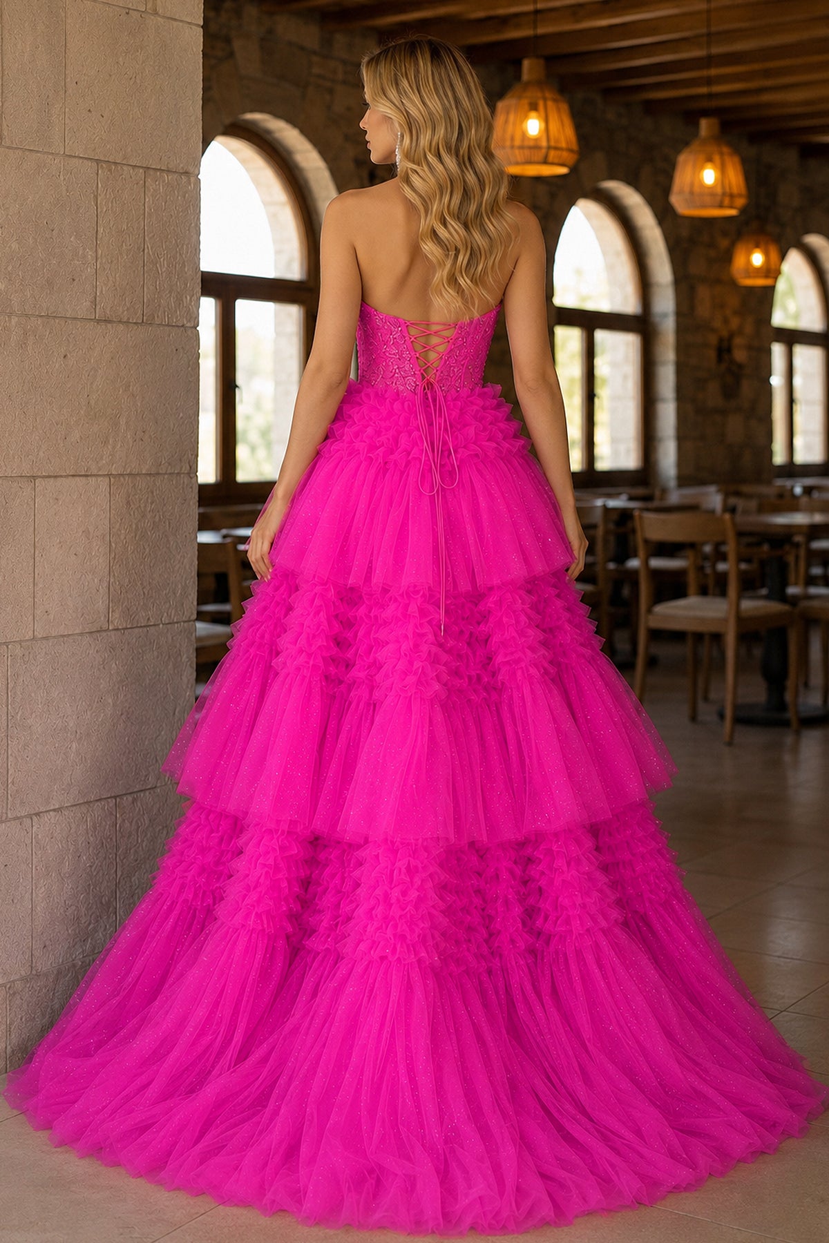 Red Tulle Appliques Halter Ruffle Tiered Ball Gown