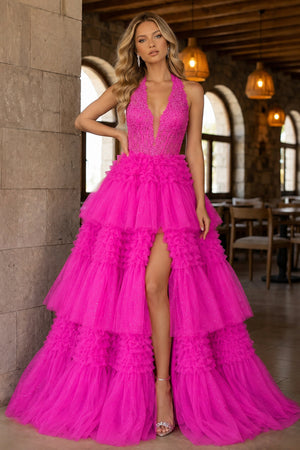 Red Tulle Appliques Halter Ruffle Tiered Ball Gown - KissProm