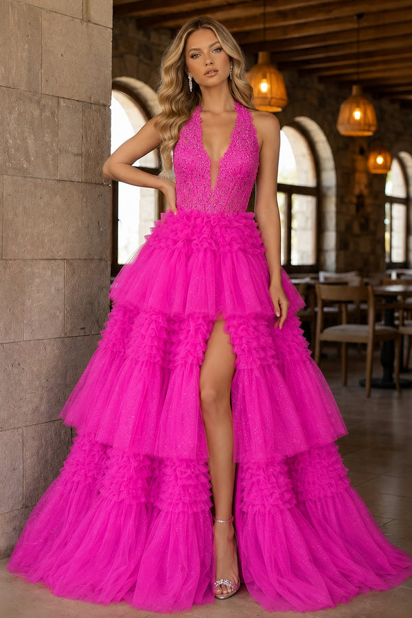 Red Tulle Appliques Halter Ruffle Tiered Ball Gown - KissProm