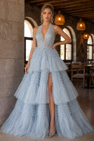 Red Tulle Appliques Halter Ruffle Tiered Ball Gown - KissProm