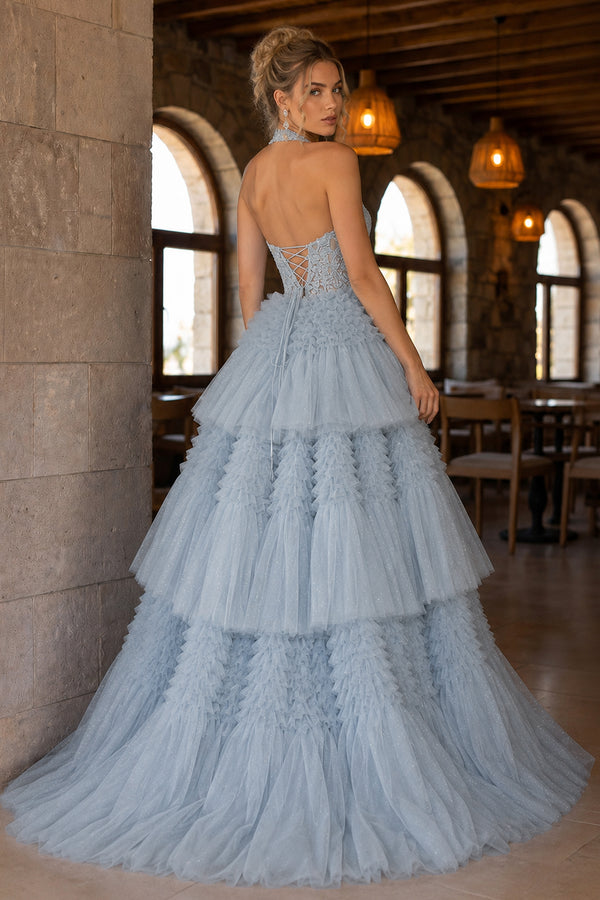 Red Tulle Appliques Halter Ruffle Tiered Ball Gown - KissProm