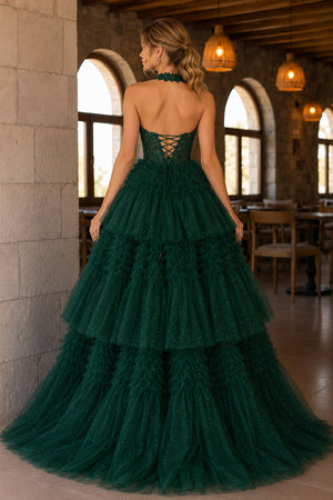 Red Tulle Appliques Halter Ruffle Tiered Ball Gown - KissProm