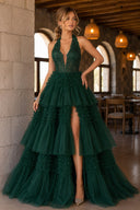 Red Tulle Appliques Halter Ruffle Tiered Ball Gown - KissProm