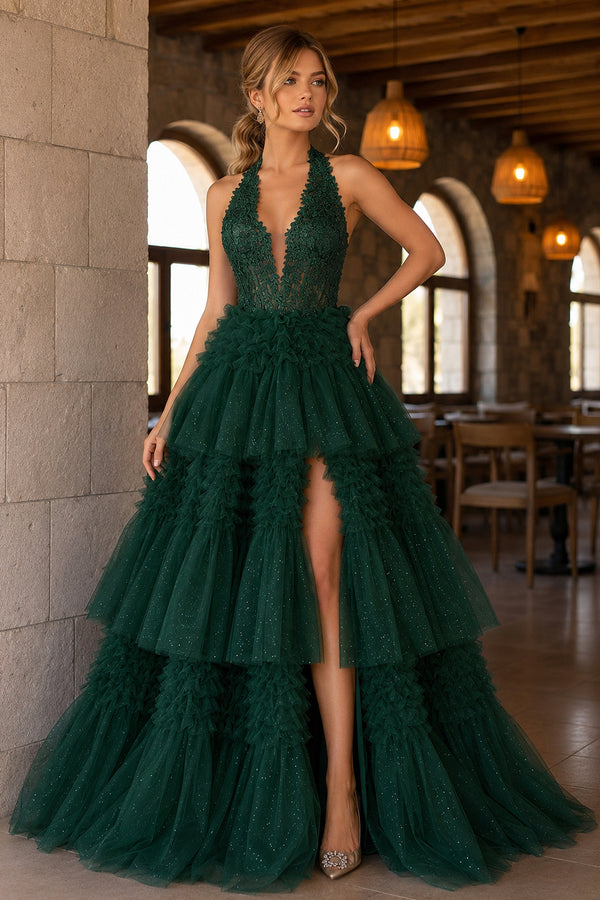 Red Tulle Appliques Halter Ruffle Tiered Ball Gown - KissProm