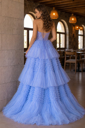 Red Tulle Appliques Halter Ruffle Tiered Ball Gown - KissProm