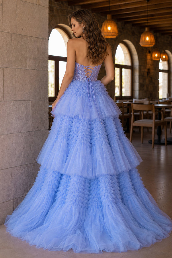 Red Tulle Appliques Halter Ruffle Tiered Ball Gown - KissProm