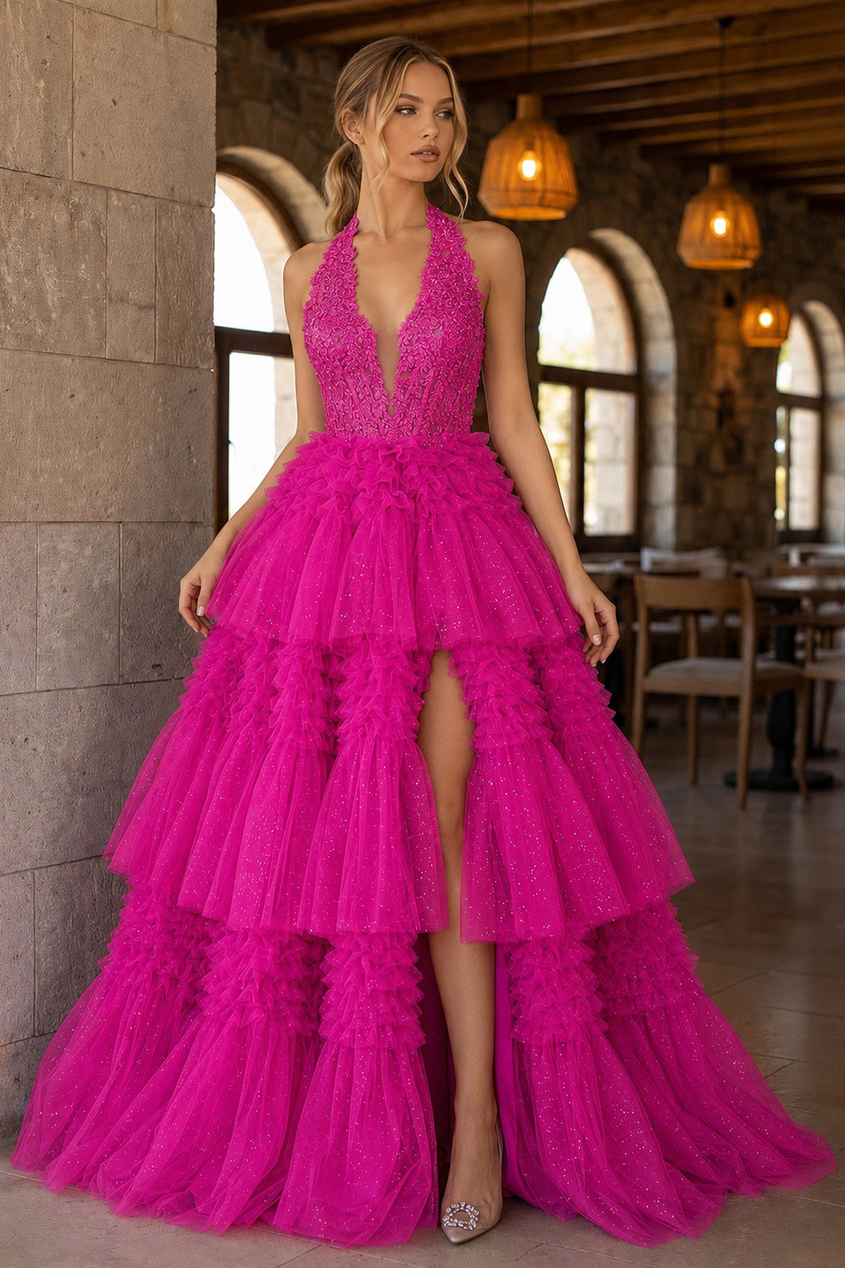 rurumu: ルルムウ/overlapping ruffles topsピンク Red Tulle Appliques Halter Ruffle Tiered Ball Gown