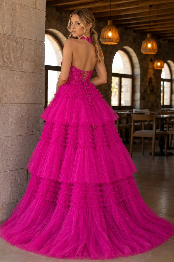 Red Tulle Appliques Halter Ruffle Tiered Ball Gown - KissProm