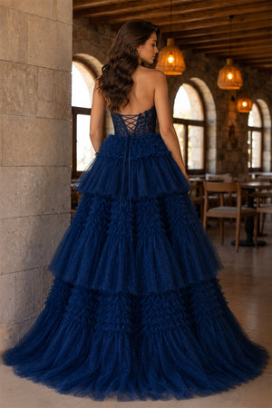 Red Tulle Appliques Halter Ruffle Tiered Ball Gown - KissProm