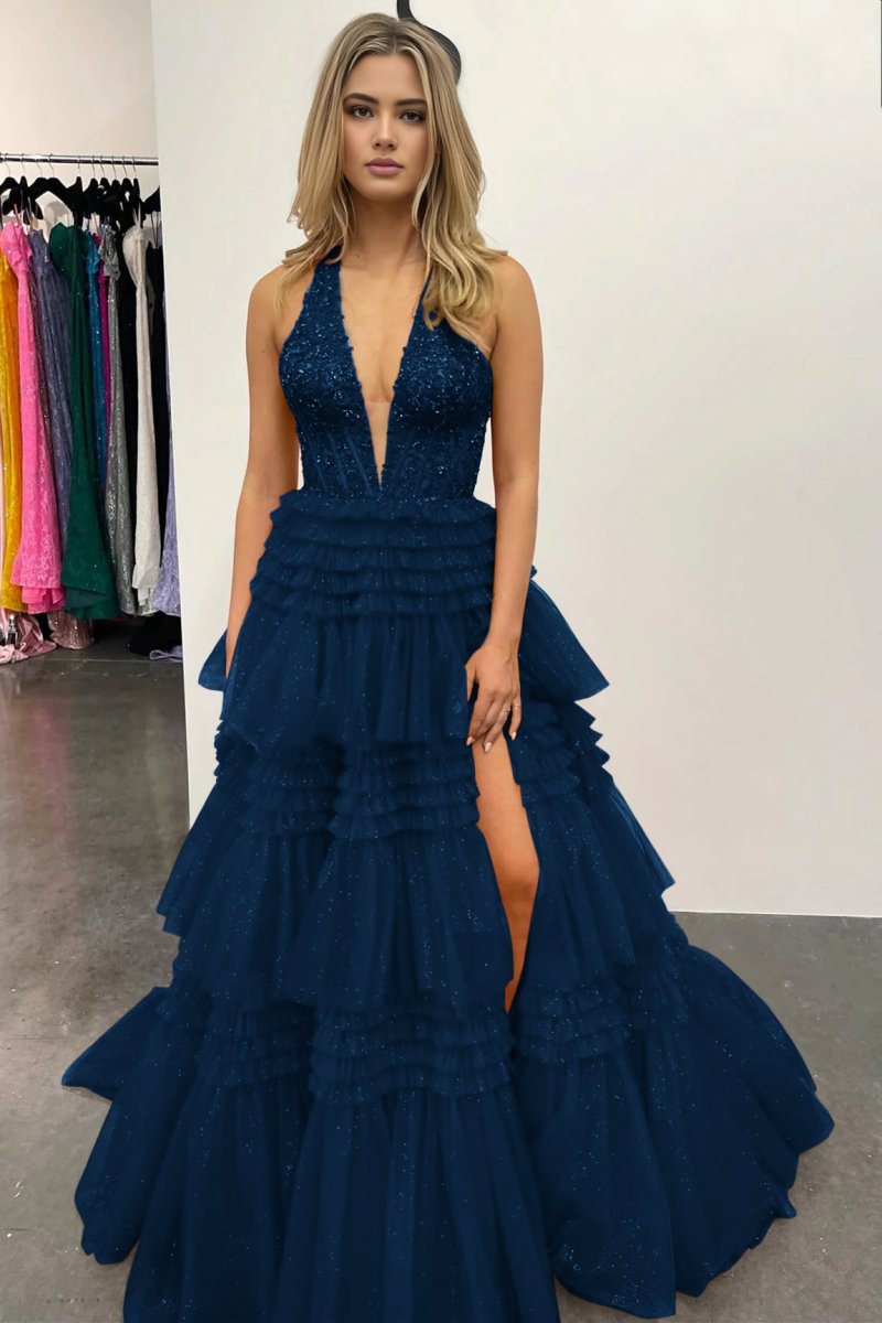 Morton|Red Tulle Appliques Halter Ruffle Tiered Ball Gown