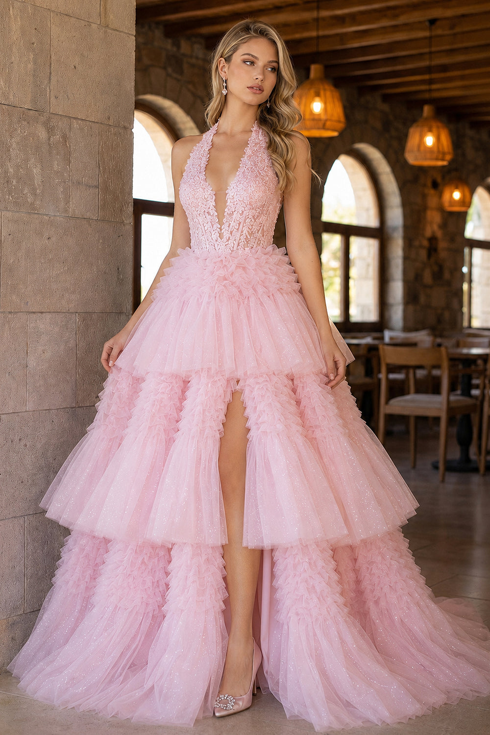 Red Tulle Appliques Halter Ruffle Tiered Ball Gown - KissProm