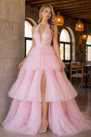 Red Tulle Appliques Halter Ruffle Tiered Ball Gown - KissProm