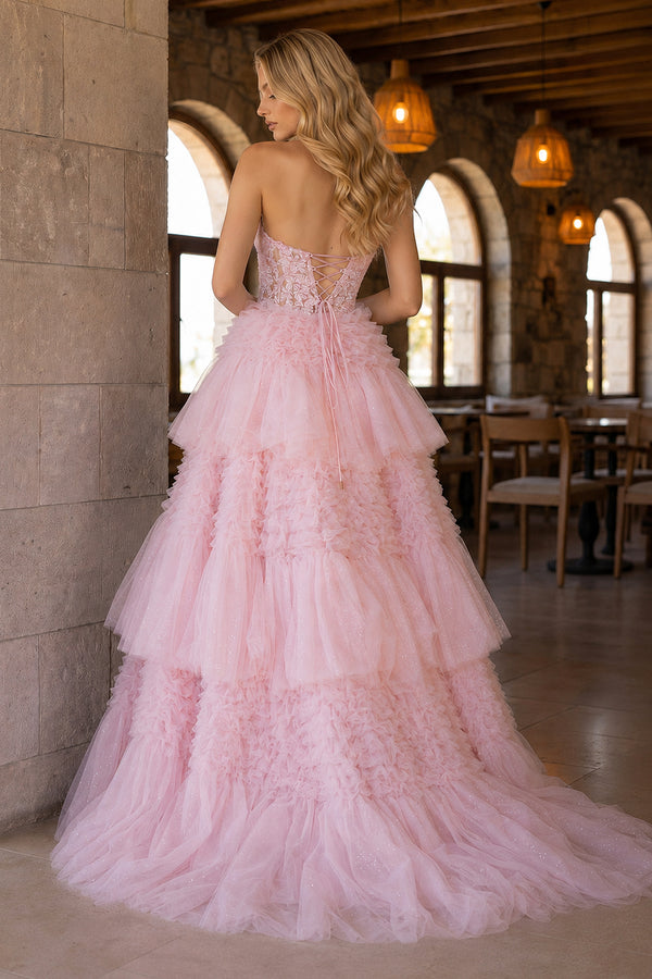 Red Tulle Appliques Halter Ruffle Tiered Ball Gown - KissProm