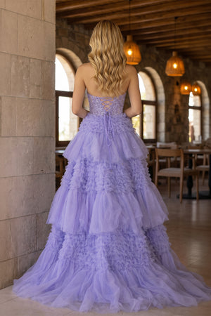 Purple Tulle Appliques Halter Ruffle Tiered Ball Gown - KissProm 