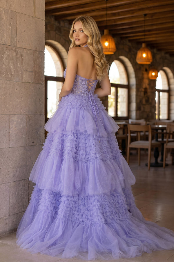 Purple Tulle Appliques Halter Ruffle Tiered Ball Gown - KissProm 