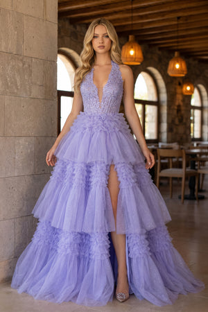 Purple Tulle Appliques Halter Ruffle Tiered Ball Gown - KissProm 