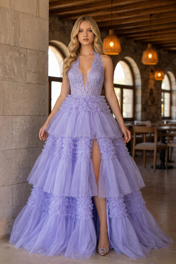 Purple Tulle Appliques Halter Ruffle Tiered Ball Gown - KissProm 