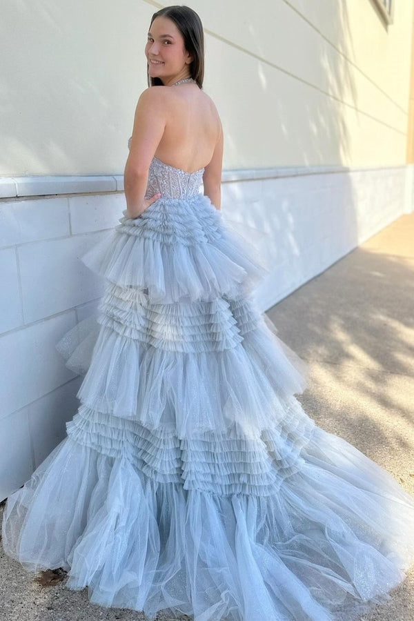 Morton|Red Tulle Appliques Halter Ruffle Tiered Ball Gown