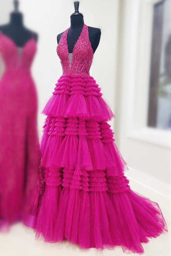 Morton|Red Tulle Appliques Halter Ruffle Tiered Ball Gown