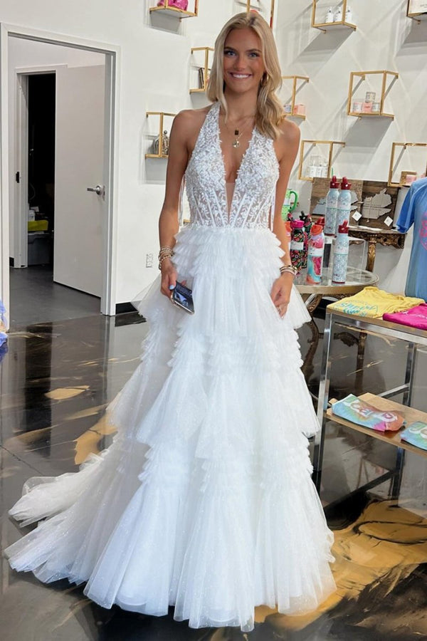 Morton|Red Tulle Appliques Halter Ruffle Tiered Ball Gown