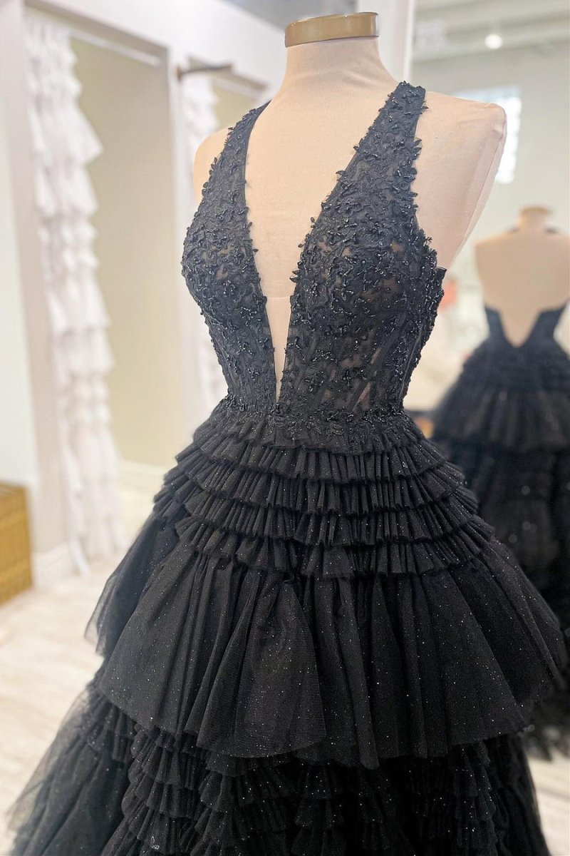 Morton|Red Tulle Appliques Halter Ruffle Tiered Ball Gown