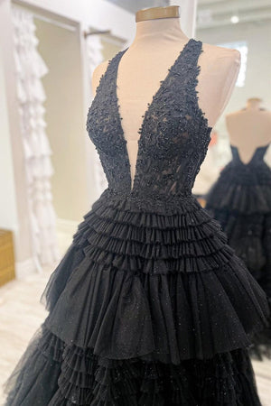 Morton|Red Tulle Appliques Halter Ruffle Tiered Ball Gown