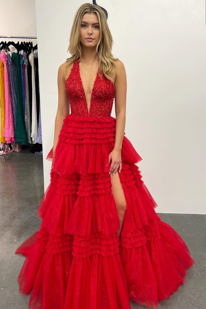 Morton|Red Tulle Appliques Halter Ruffle Tiered Ball Gown