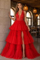 Red Tulle Appliques Halter Ruffle Tiered Ball Gown - KissProm