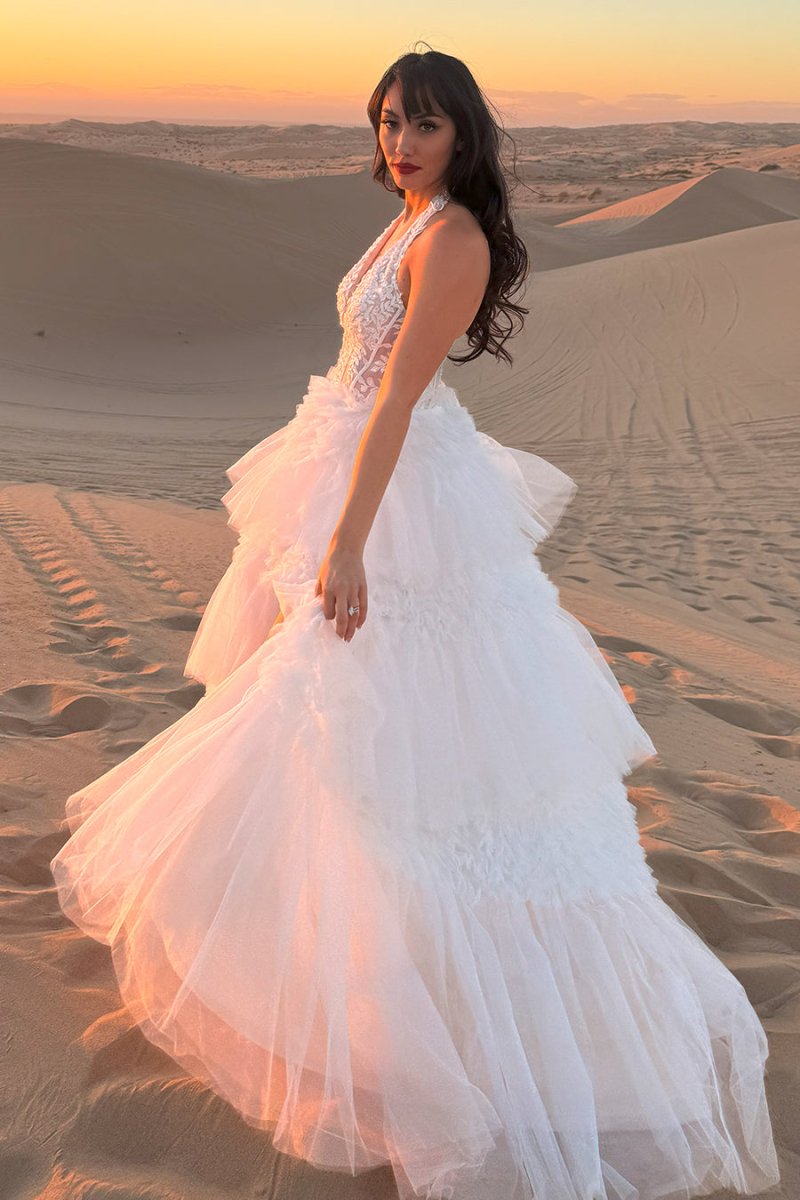 Red Tulle Appliques Halter Ruffle Tiered Ball Gown