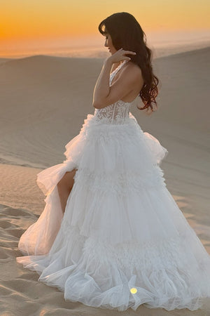 Morton|Red Tulle Appliques Halter Ruffle Tiered Ball Gown