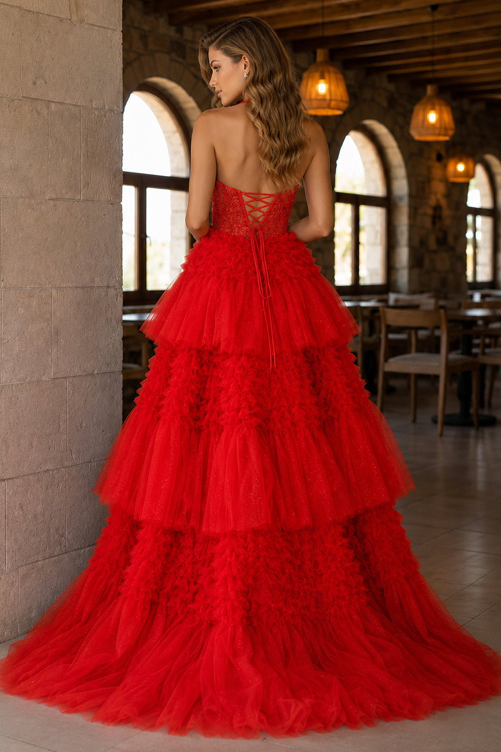 Red Tulle Appliques Halter Ruffle Tiered Ball Gown - KissProm