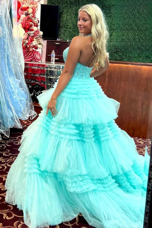 Morton|Red Tulle Appliques Halter Ruffle Tiered Ball Gown