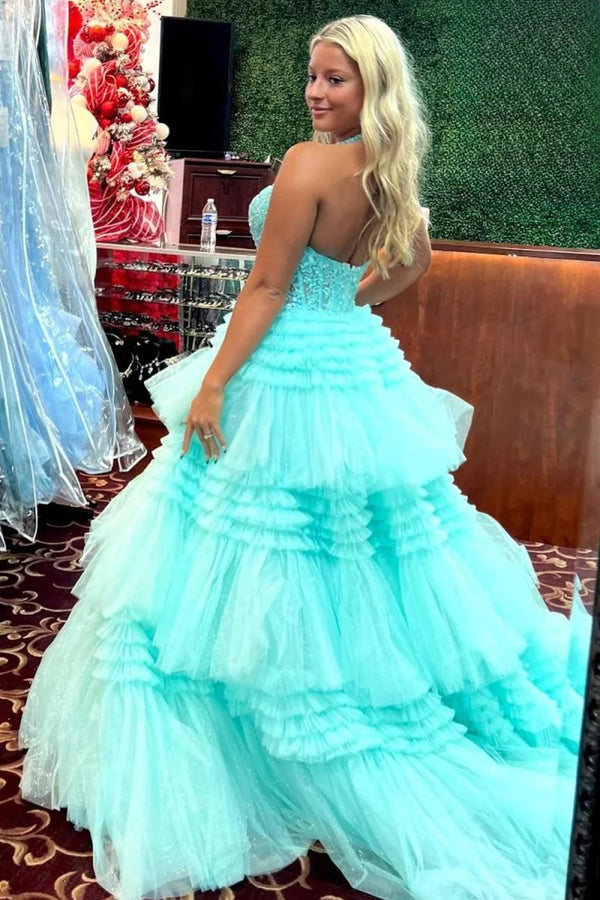 Morton|Red Tulle Appliques Halter Ruffle Tiered Ball Gown