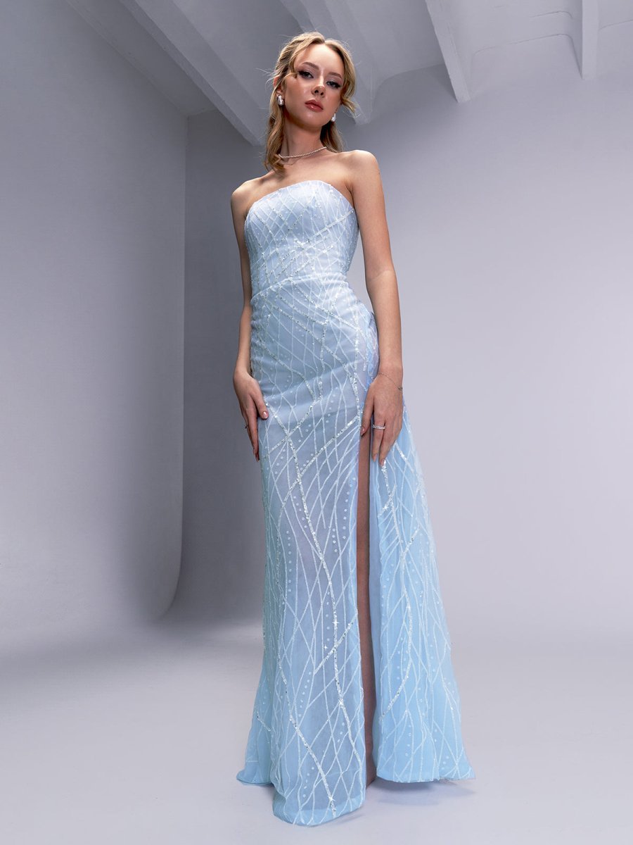 Celia | A-line Strapless Blue Long Prom Dresses Unique Evening Dress