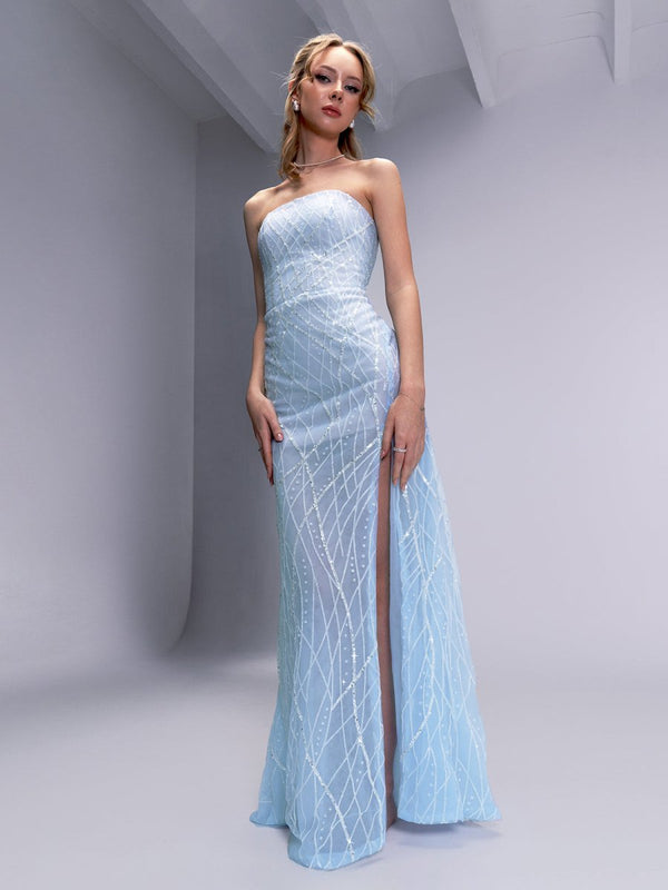 Celia | A-line Strapless Blue Long Prom Dresses Unique Evening Dress