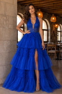 Red Tulle Appliques Halter Ruffle Tiered Ball Gown - KissProm