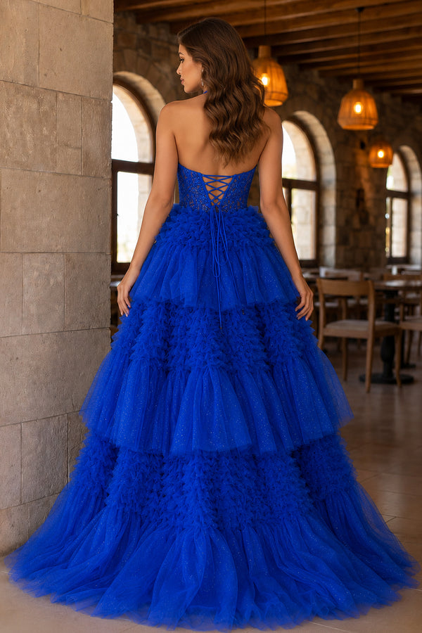 Red Tulle Appliques Halter Ruffle Tiered Ball Gown - KissProm