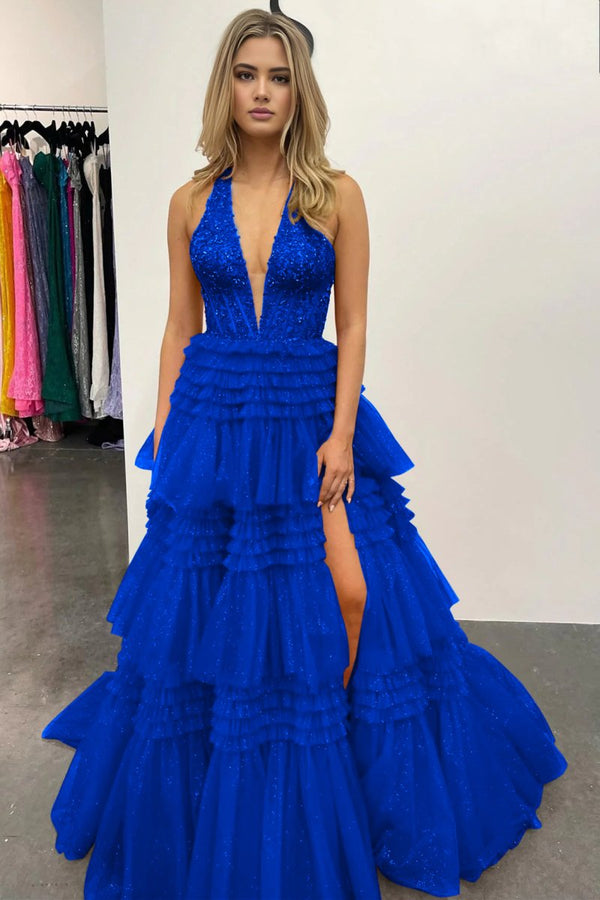 Morton|Red Tulle Appliques Halter Ruffle Tiered Ball Gown