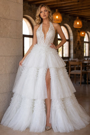 Red Tulle Appliques Halter Ruffle Tiered Ball Gown - KissProm