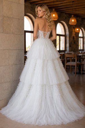 Red Tulle Appliques Halter Ruffle Tiered Ball Gown - KissProm