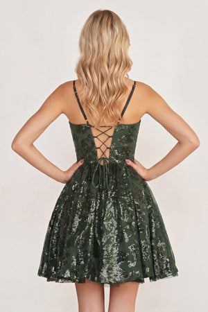 Moss A-line Spaghetti Straps V Neck Lace Homecoming Dress | KISSPROM